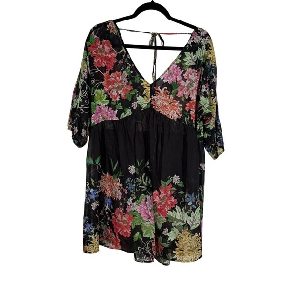 Johnny Was Womn XL Black Floral Cotton Silk Sheer Metalli Notte A-Line Dress NWT - Picture 4 of 14